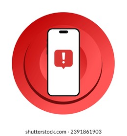 Error on the phone screen. Flat, red, phone mockup, message bubble with exclamation mark, warning on the phone screen. Vector icon