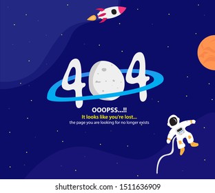 error page 404 with the space theme using astronout images of several planets and of course the spaceship