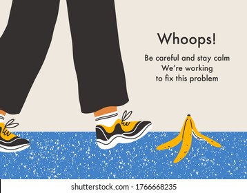 Error page with a danger of slip on a banana peel, vector background illustration