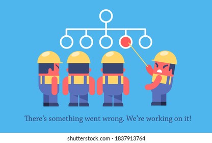 Diseño de página de error. Trabajadores de caricaturas divertidos parados cerca del mapa del sitio. Jefe apuntando al círculo rojo.