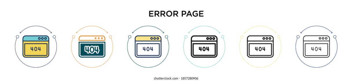 Error page icon in filled, thin line, outline and stroke style. Vector illustration of two colored and black error page vector icons designs can be used for mobile, ui, web