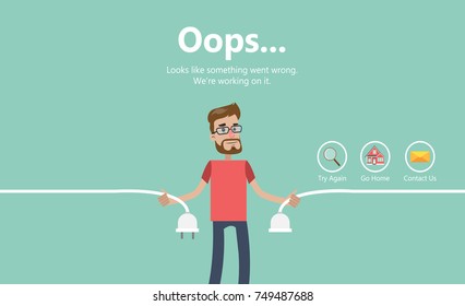 Error page illustration. Man holding unplugged cable. Page not found.