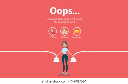 Error page illustration. Woman holding unplugged cable. Page not found.