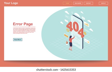 Error page isometric landing page template. 404 broken link notification on smartphone. User, client web search malfunction experience. Server not found message on webpage with text space 
