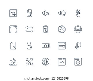 Error page, Next Page, Favorites Button, Expand, Loading, Pointer, Forbbiden, Navigation, History, Repeat, Mute outline vector icons from 20 set