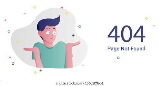 Error page not found. 404 internet connection problem message flat vector illustration. Broken link web banner template. Website standard response code. Male cartoon character confused gesture.