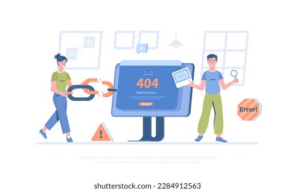 Error - Page not found 404, Go back. Link to empty non existent page. Broken link. Cartoon modern flat vector illustration for banner, website design, landing page.	
