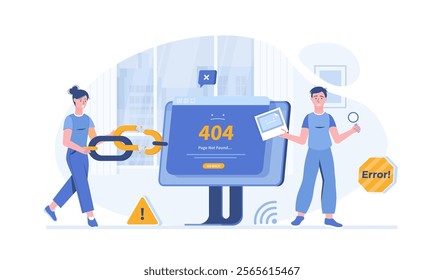 Error - Page not found 404, Go back. Link to empty non existent page. Broken link. Vector illustration with characters in flat design for web banner.	
