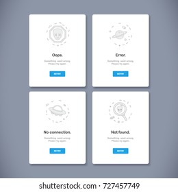 Error page outline set. Alien theme. Oops, Error, Not found, No connection. Mobile application. User interface design, Vector illustration.