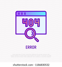 Error page thin line icon. Window with 404 sign and magnifier. Modern vector illustration.