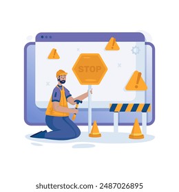 Error page under maintenance with a man holding a stop sign vector illustration