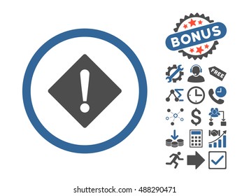 Error pictograph with bonus symbols. Vector illustration style is flat iconic bicolor symbols, cobalt and gray colors, white background.