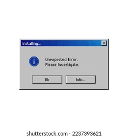 Error pop up window, computer message with unexpected error on installing, vector retro tab. Unexpected error message window of internet or PC installation with buttons, browser alert interface