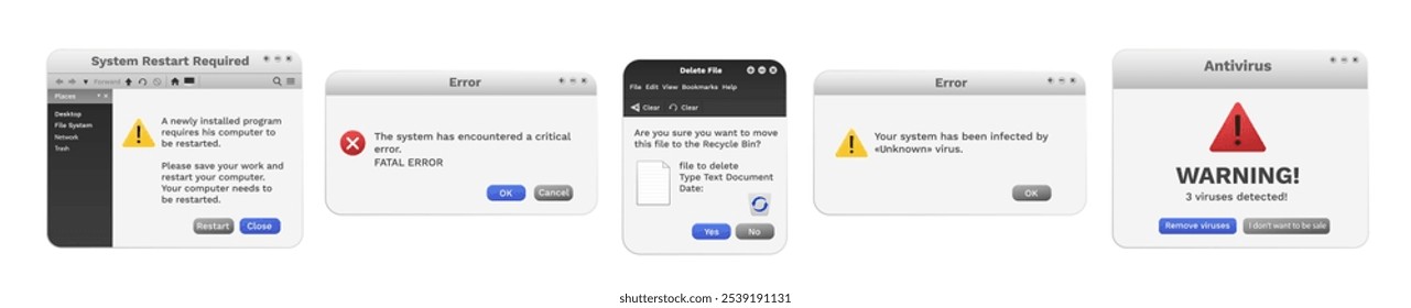 Janela pop-up de erro com mensagem de aviso de vírus. Notificação do sistema para reiniciar. Painel de alerta antivírus.