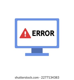 Error problem computer monitor screen icon. Technology, warning, failure concept. Flat vector design isolated illustration.