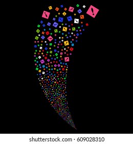 Error random fireworks stream. Vector illustration style is flat bright multicolored iconic symbols on a black background. Object fountain done from scattered pictograms.
