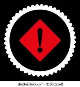 Error round stamp icon. This flat vector symbol is drawn with red and white colors on a black background.
