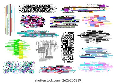 Elementos da tela de erro. Ruído, efeitos de falha, sinal de decaimento, bugs do monitor, computador, interferências digitais da televisão, cores diferentes, tecnologia dos anos 80, elementos isolados, conjunto de vetores qualitativos