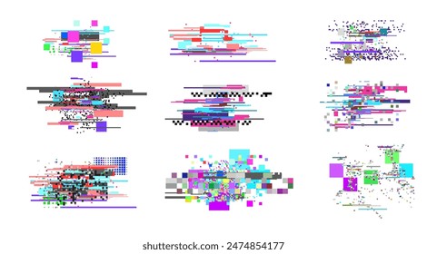 Error en el diseño del Vector de pantalla. Colección de Ilustraciones de Elementos de problemas de interferencias de píxel digital que representan problemas de señal televisiva y atenuación de datos, en un fondo aislado.