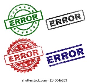ERROR seal prints with damaged texture. Black, green,red,blue vector rubber prints of ERROR caption with unclean texture. Rubber seals with round, rectangle, rosette shapes.