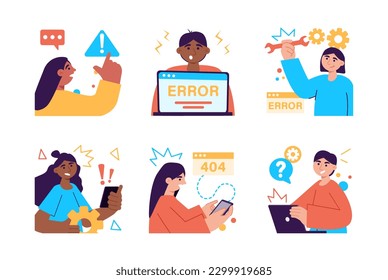 Error set color concept with people scene in the flat cartoon design. Gadgets users are worried about a problem that occurred in the settings. Vector illustration.
