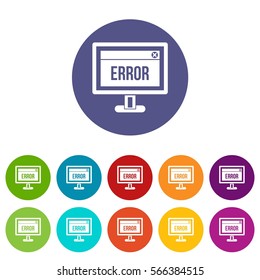 Error sign on a computer monitor set icons in different colors isolated on white background