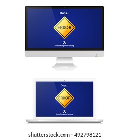 Error sign on pc computer and laptop screen. Internet error mistake sign. Vector isolated illustration of realistic pc computer and laptop error.