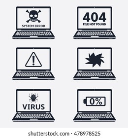 Error signs on laptop screens. Vector icons.