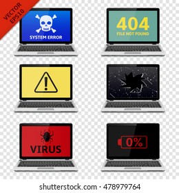 Error signs on laptop screens isolated on transparent background
