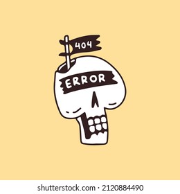 Error skeleton head with 404 flag , illustration for t-shirt, sticker, or apparel merchandise. With retro cartoon style.
