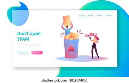 Error and Spam Notification Landing Page Template. Tiny Male Character Sitting in Huge Litter Bin Holding Envelope. Woman Reading Warning Messages on Smartphone. Cartoon People Vector Illustration