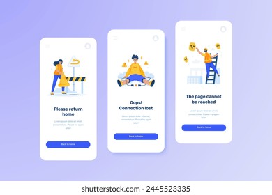Estado de error de conexión perdida, pantalla de error de regreso a casa, no se puede llegar a la página de error, ilustración en la interfaz de usuario en conjunto de Plantilla de pantalla móvil
