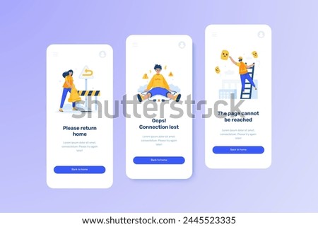 Error state connection lost, error screen return home, error page cannot be reached, illustration on UI onboard mobile screen template set