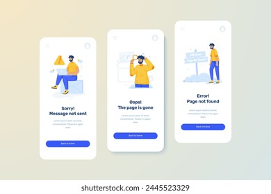 Error state page not found, missing page, message not sent, illustration on UI onboard mobile screen template set