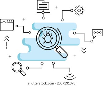 Error Tracing Concept, Spyware Scanning Sign stock illustration, Malware Virus Scan Vector Icon Design, Cloud computing and Internet hosting services Symbol, Buger Finder Sign