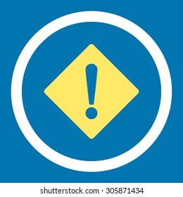 Error vector icon. This rounded flat symbol is drawn with yellow and white colors on a blue background.