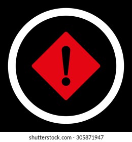 Error vector icon. This rounded flat symbol is drawn with red and white colors on a black background.