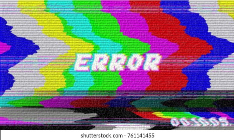 Error VHS frase vectorial en estilo de arte de píxeles con efecto de ruido estático VHS de destello de pantalla. Ilustración de tres colores. Pantalla de televisión retro vintage. Plataforma básica. Pixeles ocasionales.