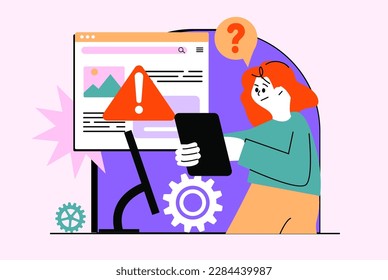 Error waist-high concept with people scene in the flat cartoon design. Technical specialist tries to fix some errors on the laptop. Vector illustration.