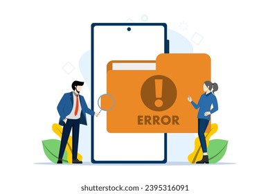 Concepto de error y advertencia de archivos dañados o dañados. Gente revisando la advertencia de error de archivo dañado, diagnóstico de computadora y tecnología digital, ilustración de vector plana aislada.