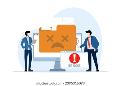 Error and warning concept of damaged or corrupted files. People checking damaged file error warning, Computer diagnostics and digital technology, isolated flat vector illustration.