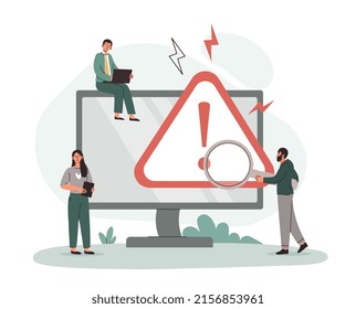 Error warning concept. Men and girls at computer screen, technical support, programmers and specialists. Wrong page link, digital world and modern technologies. Cartoon flat vector illustration