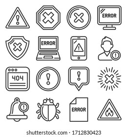 Error and Warning Icons Set on White Background. Line Style Vector