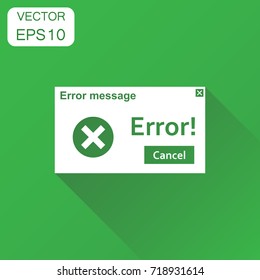 Error warning message icon. Business concept virus alert pictogram. Vector illustration on green background with long shadow.