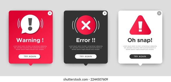 error warning pop up banner with flat design on white background. Professional web design, full set of elements. User-friendly design materials.