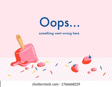 Página web de errores con helado de fresa de fusión, ilustración de fondo vectorial