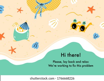 Error web page with vacation on the beach, summer theme cartoon background