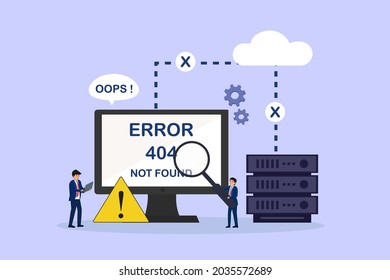 Error web page vector concept: Business people working together to repair error page while looking the screen with magnifying glass 