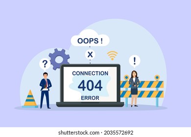 Error web page vector concept: Business team working together to repair web page error with connection 404 error on screen