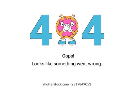Error website page with 404 cartoon donut character. Looks like something went wrong illustration concept. Vector